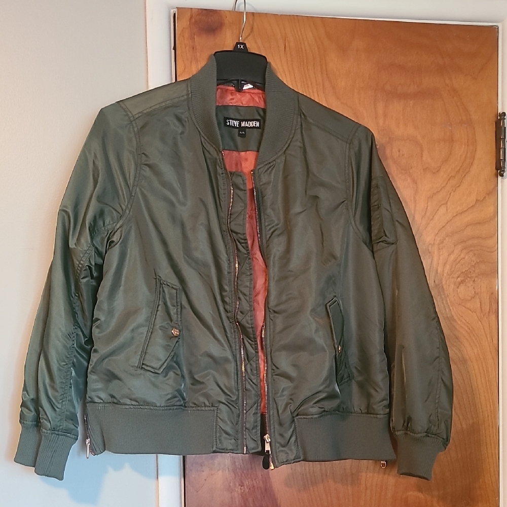 Steve Madden Olive Bomber Jacket for Women With Side Zipper Detail